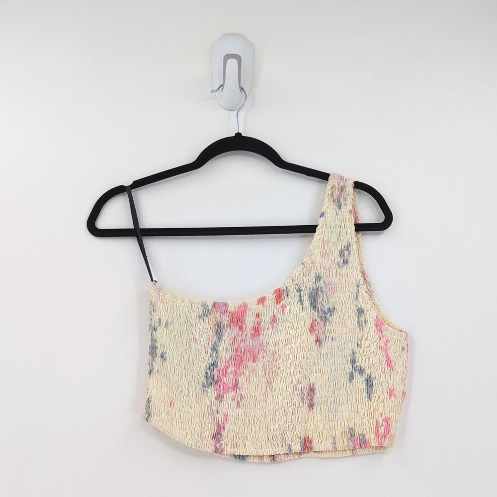 S/W/F SWF Women L Asymmetrical Crop Top Yellow Tie Dye Smocked One Shoulder NEW